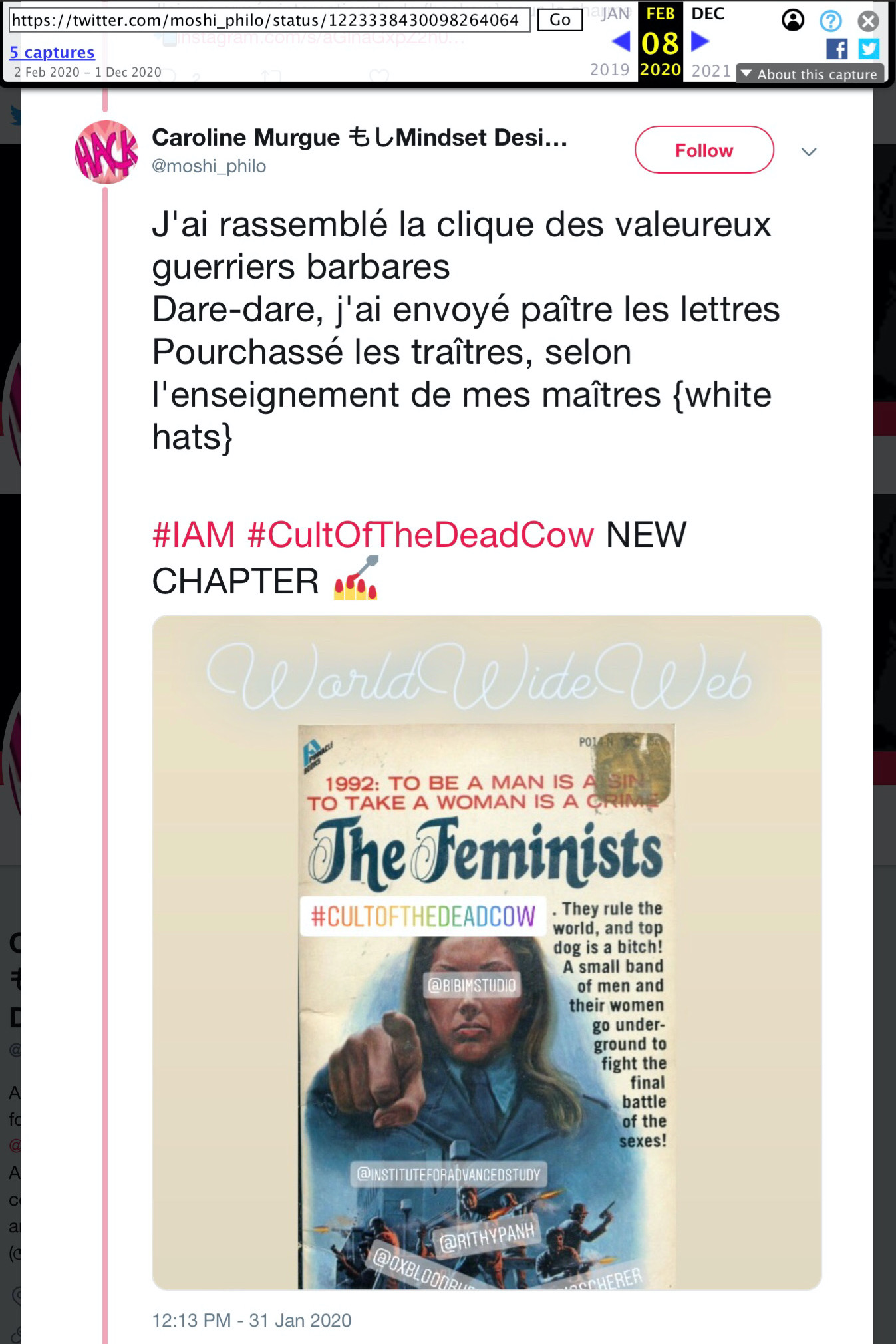 31 Jan 2020 tweet from @moshi_philo: [French text redacted] #IAM #CultOfTheDeadCow NEW CHAPTER